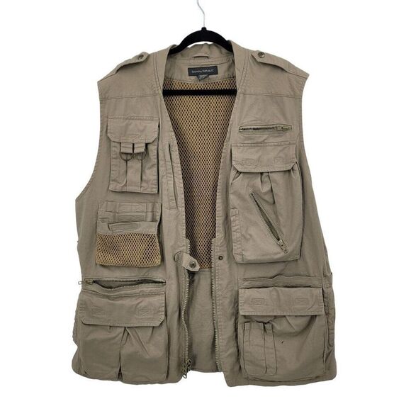 Banana Republic Survival Vest L Khaki Utility Multi-Pocket Outdoor Safari - Picture 1 of 16